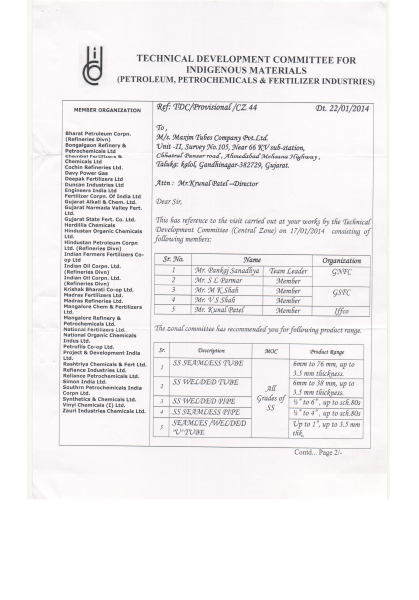 Technical Development Committee for Indigenous Materials